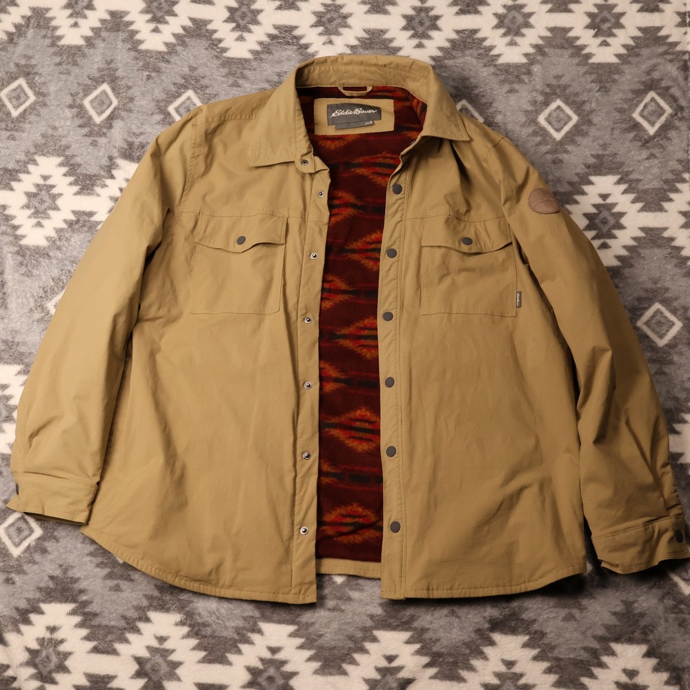 Eddie Bauer Voyager Mens XL Tan Aztec Lined Shacket Southwest Fleece Khaki Snaps